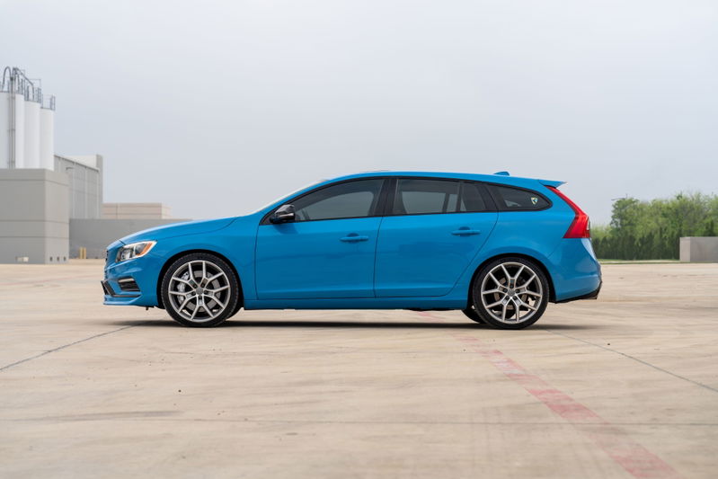 Rebel Blue 2015 Volvo V60 Polestar with silver multi-spoke rims.