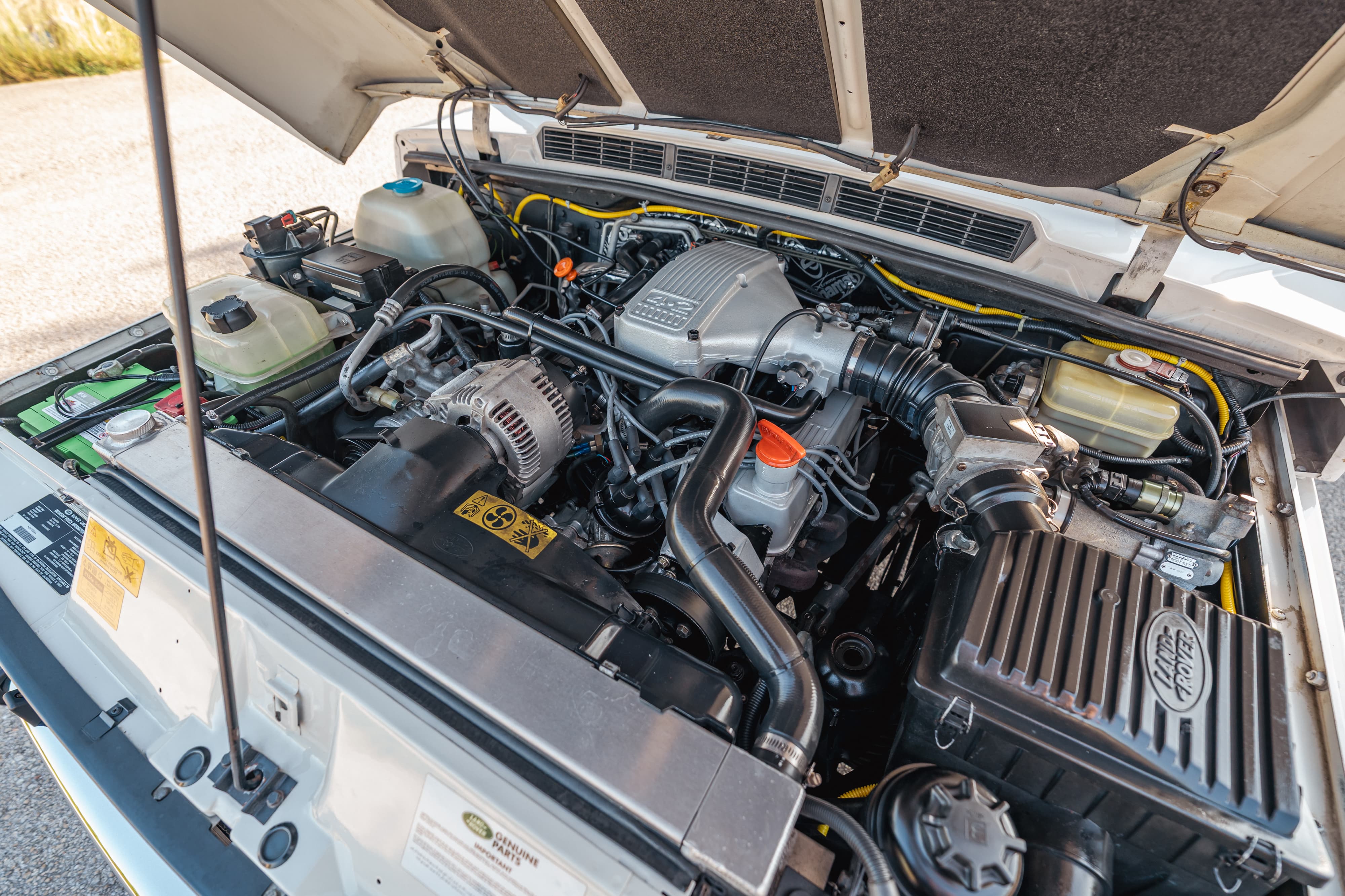 1995 white Land Rover Range Rover County engine bay.
