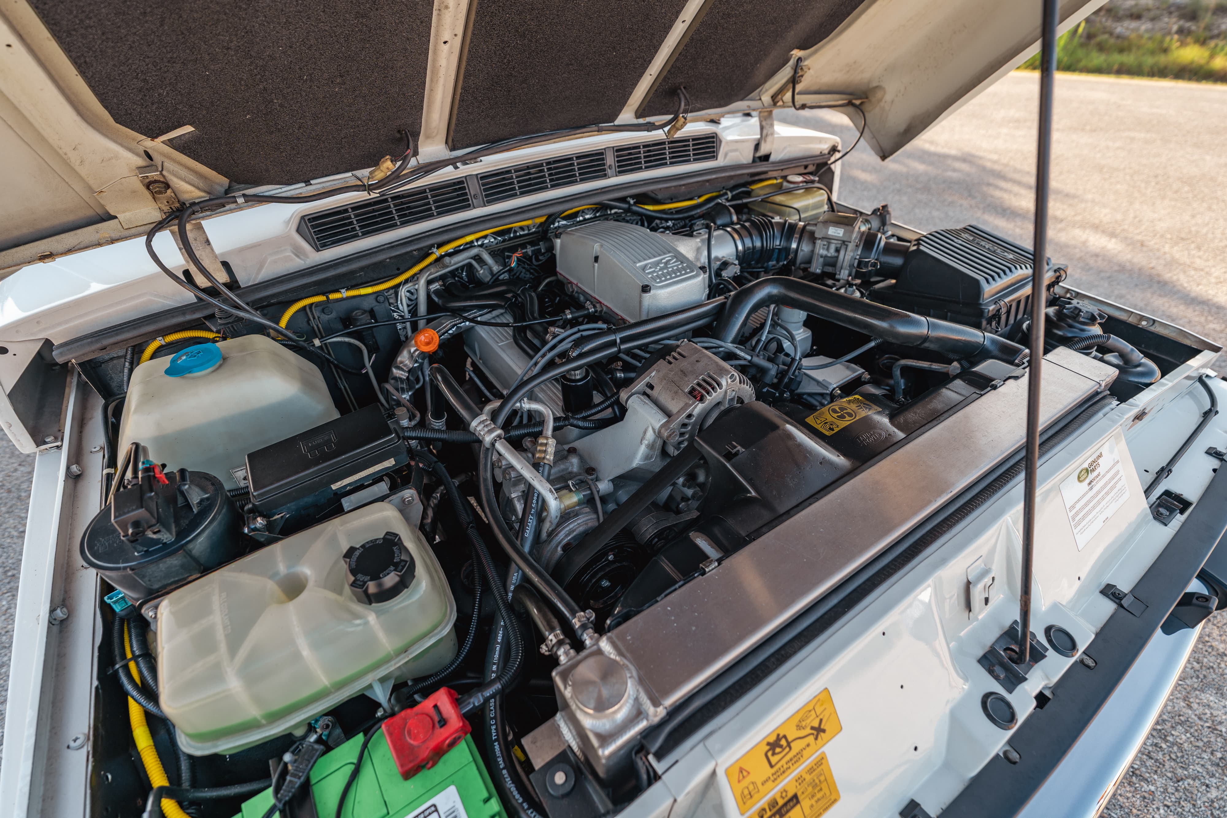 1995 white Land Rover Range Rover County V8 engine bay.