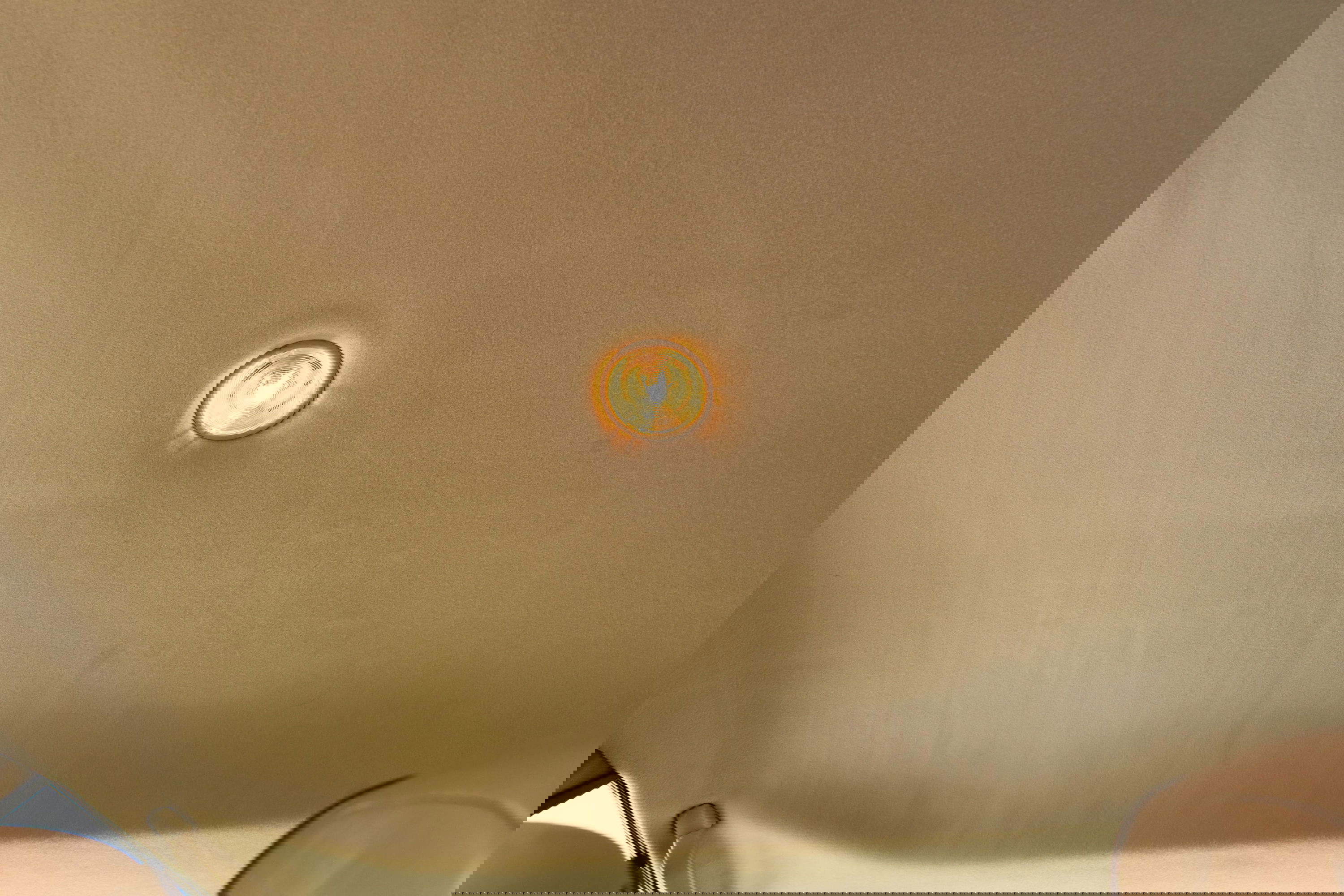 Interior shot of a 1995 Land Rover Range Rover County with a beige headliner and illuminated dome light.