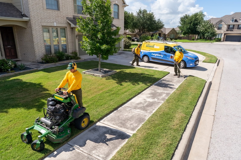 A blue Ford Transit with yellow and white livery for "The Grounds Guys."