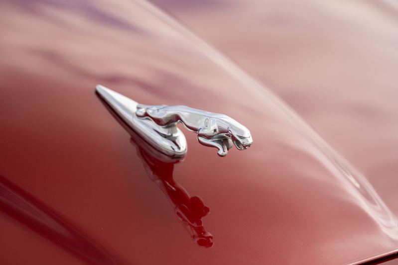 Radiance Red 2006 Jaguar XJR hood ornament with chrome trim.