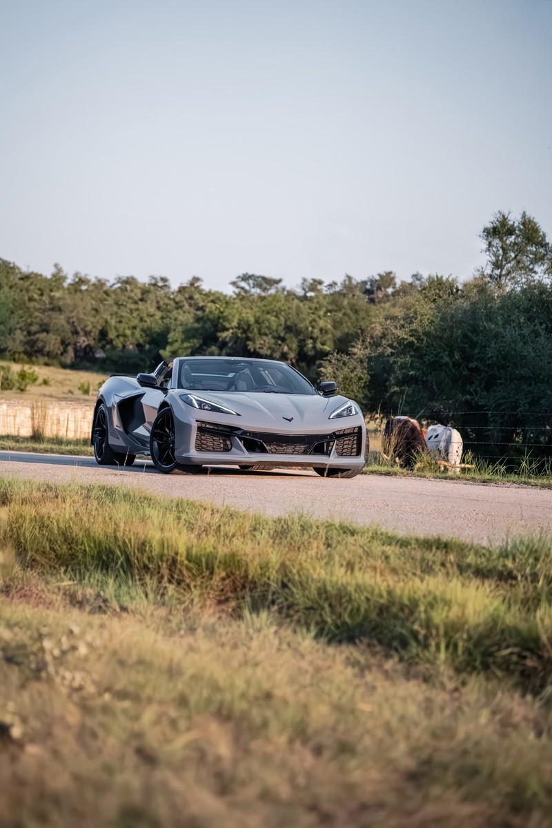 2025 Chevrolet Corvette Z06 Convertible in Sea Wolf Gray, with black rims.