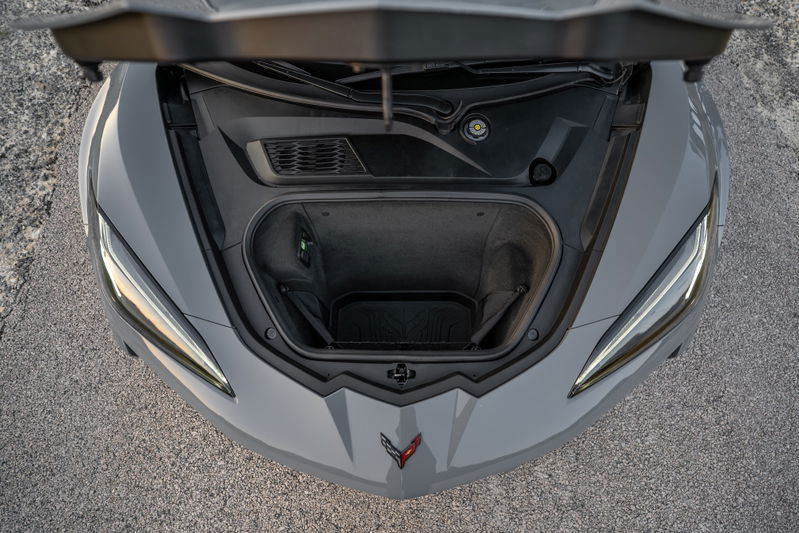 2025 Chevrolet Corvette Z06 in Sea Wolf Gray with open front trunk storage.