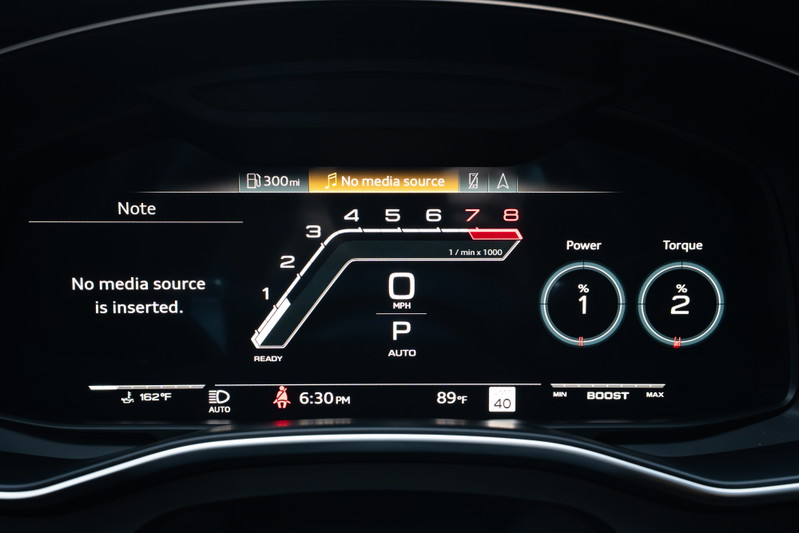 2022 Audi RS6 digital dashboard, Nardo Grey. Displays RPM, speed, power, and torque meters.