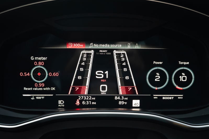 Digital dashboard of a Nardo Grey 2022 Audi RS6, showing G meter, gear indicator, power, torque, and mileage.
