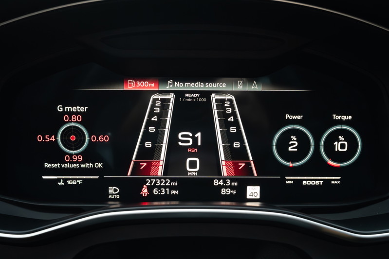 Digital dashboard of a Nardo Grey 2022 Audi RS6, showing G meter, gear indicator, power, torque, and mileage.