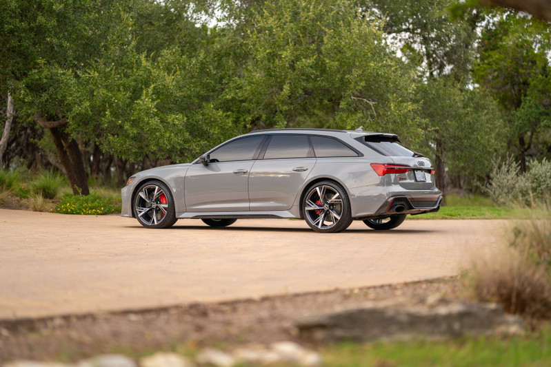 Nardo Grey 2022 Audi RS6 Avant shows off its performance wheels and red brake calipers.