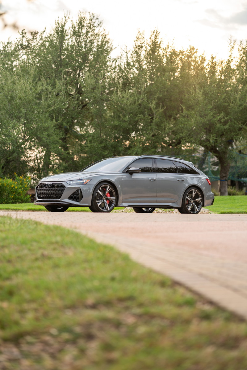 Nardo Grey 2022 Audi RS6 Avant with performance wheels and red brake calipers.