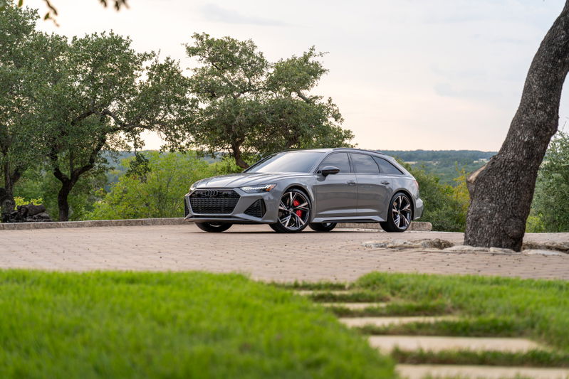 Nardo Grey 2022 Audi RS6 Avant with black wheels and red brake calipers.