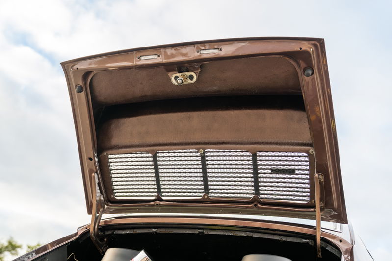 1975 Porsche 911 Carrera frunk interior, copper brown metallic finish.