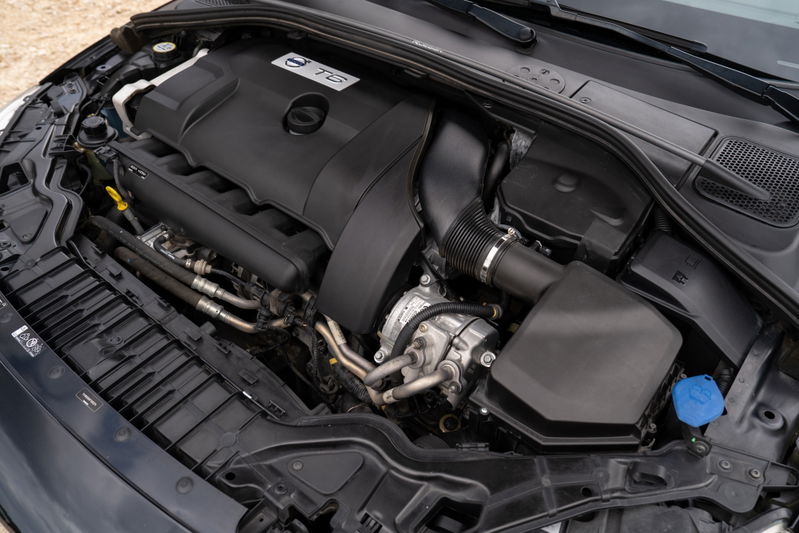 Close-up of the Volvo T5 engine in a 2015 V60 R-Design Polestar.
